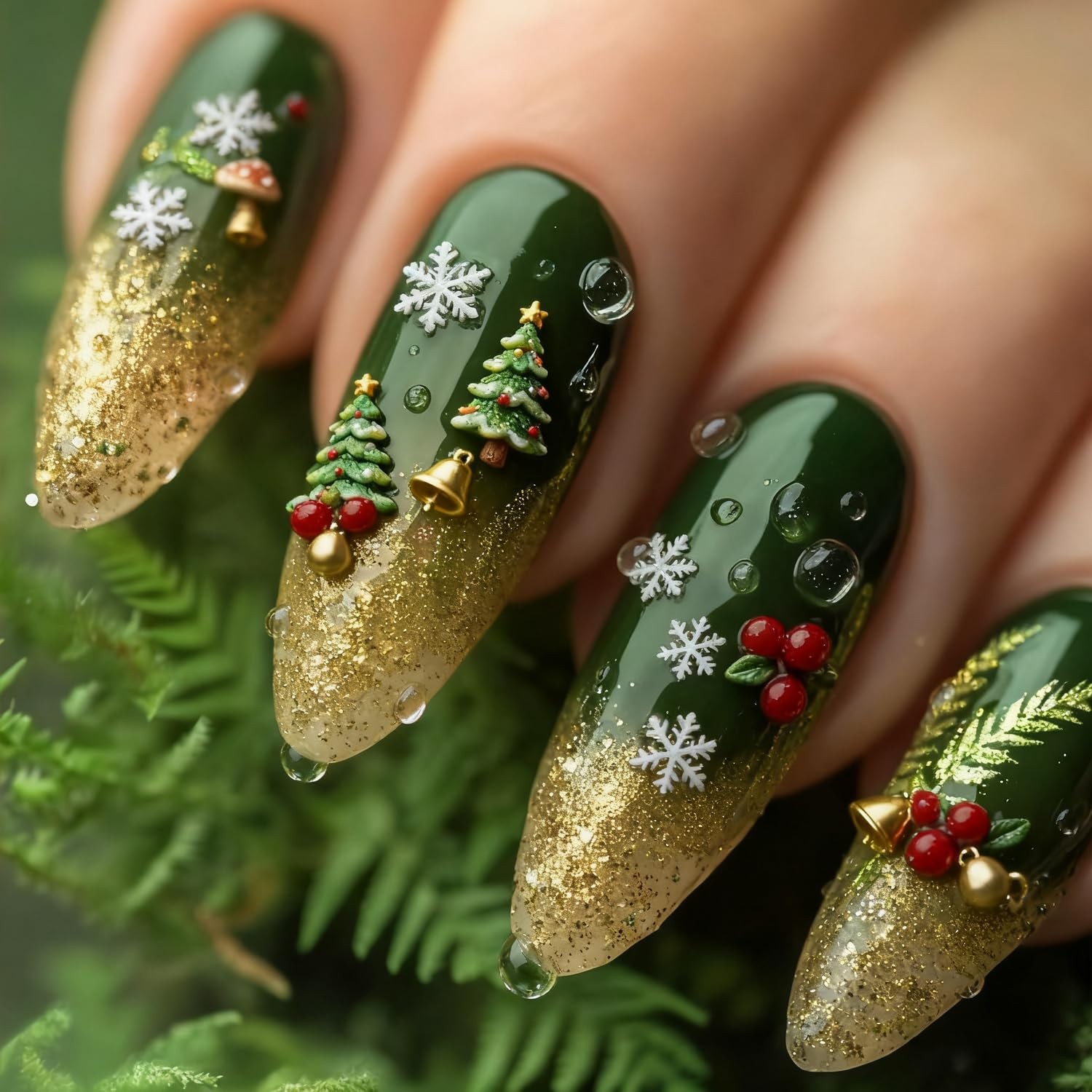 24 Pcs Christmas Press on Nails Golden Glitter French Tip Fake Nails Medium A…