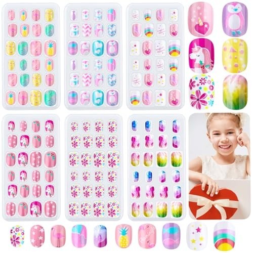 144 Pieces Press on Nails for Kids – Short Acrylic False Nail Tips (Rainbow Sky)