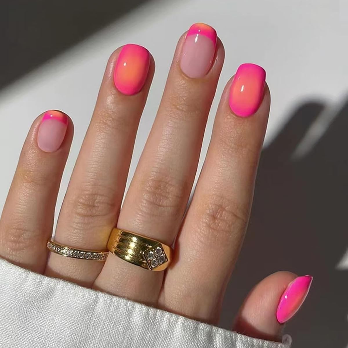Short Square Press on Nails French Fake Nails Summer Glue on Nails Hot Pink A…