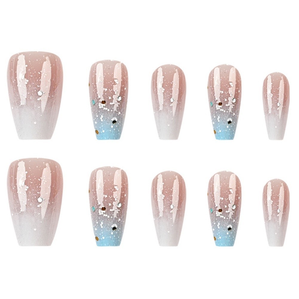 White Blue Ombre Glitter Press On Nails Short Ballet Shape ABS Nail Tips