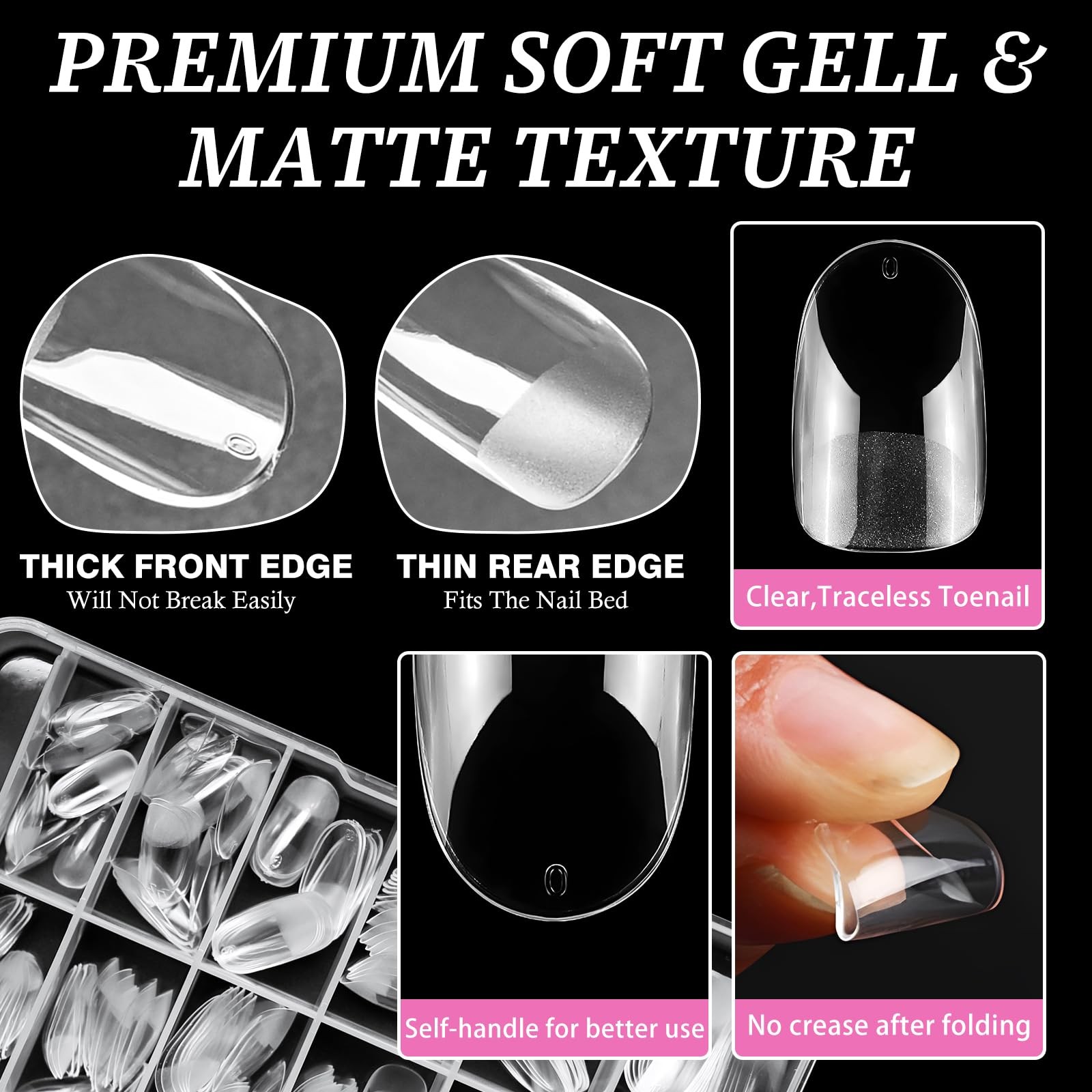 600 Pc Medium Oval Gel Nail Tips Round Full Cover Clear Press on Extension 12