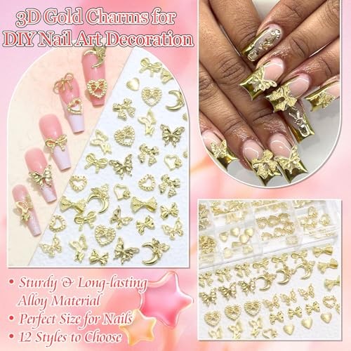 120 Pcs 3D Gold Nail Charms, 12Styles Alloy Bow 01 Gold Bow Heart Butterfly