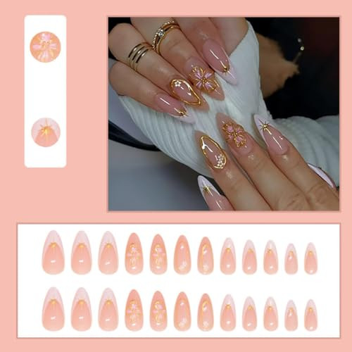 Medium Press on Nails Almond Fake Nails French 1 Fl Oz (Pack of 1) White Gold