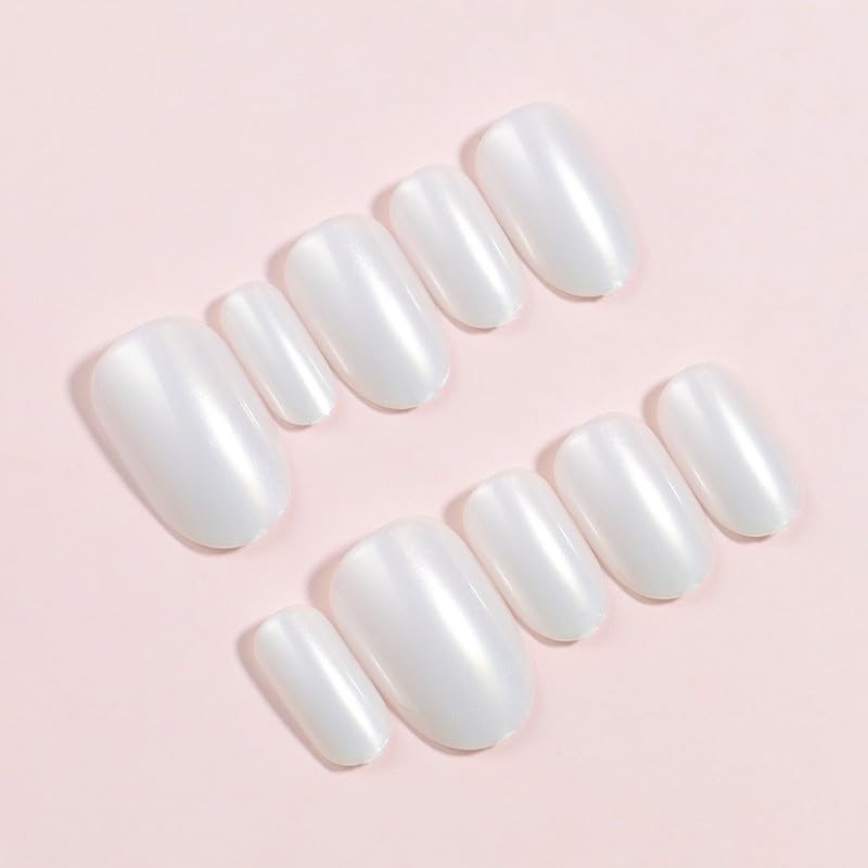 Press on Nails Short Almond Fake Nails Aurora False Nails with White Chrome