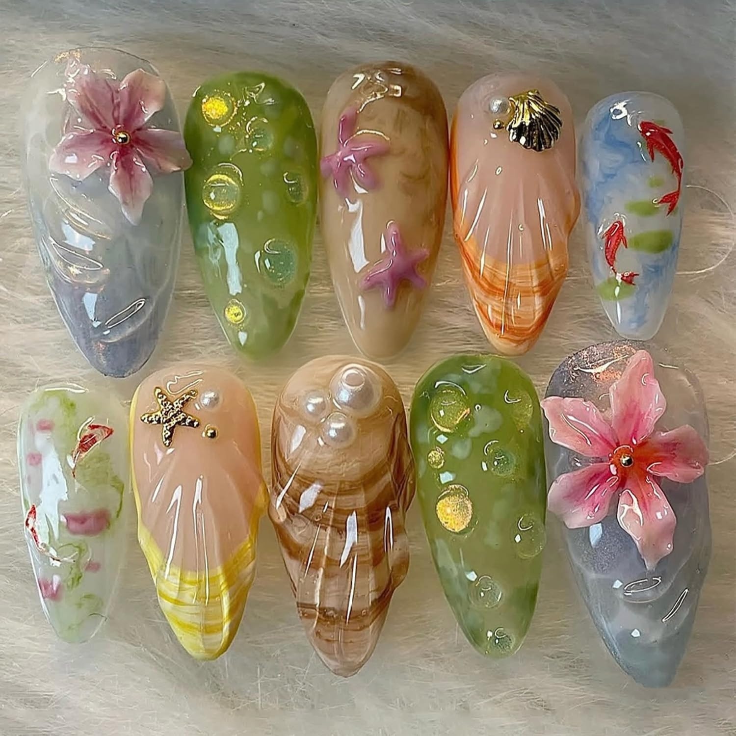30Pcs Summer Press on Nails Medium Almond French Tip Fake Nails 3D Gold Shell Rh