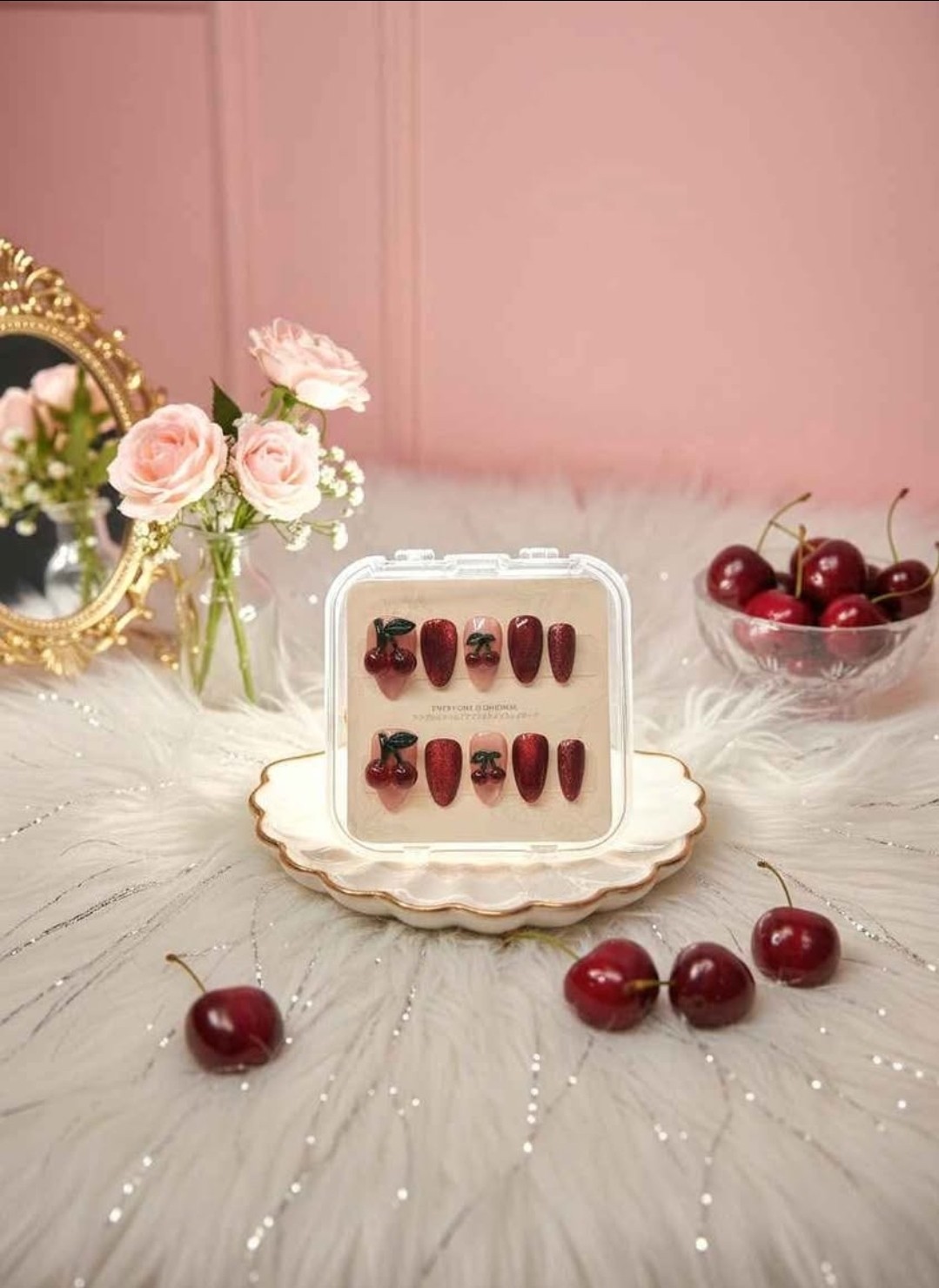 3D Cherry Press-On Nails Red Cateye Reusable Handcrafted Size: Small