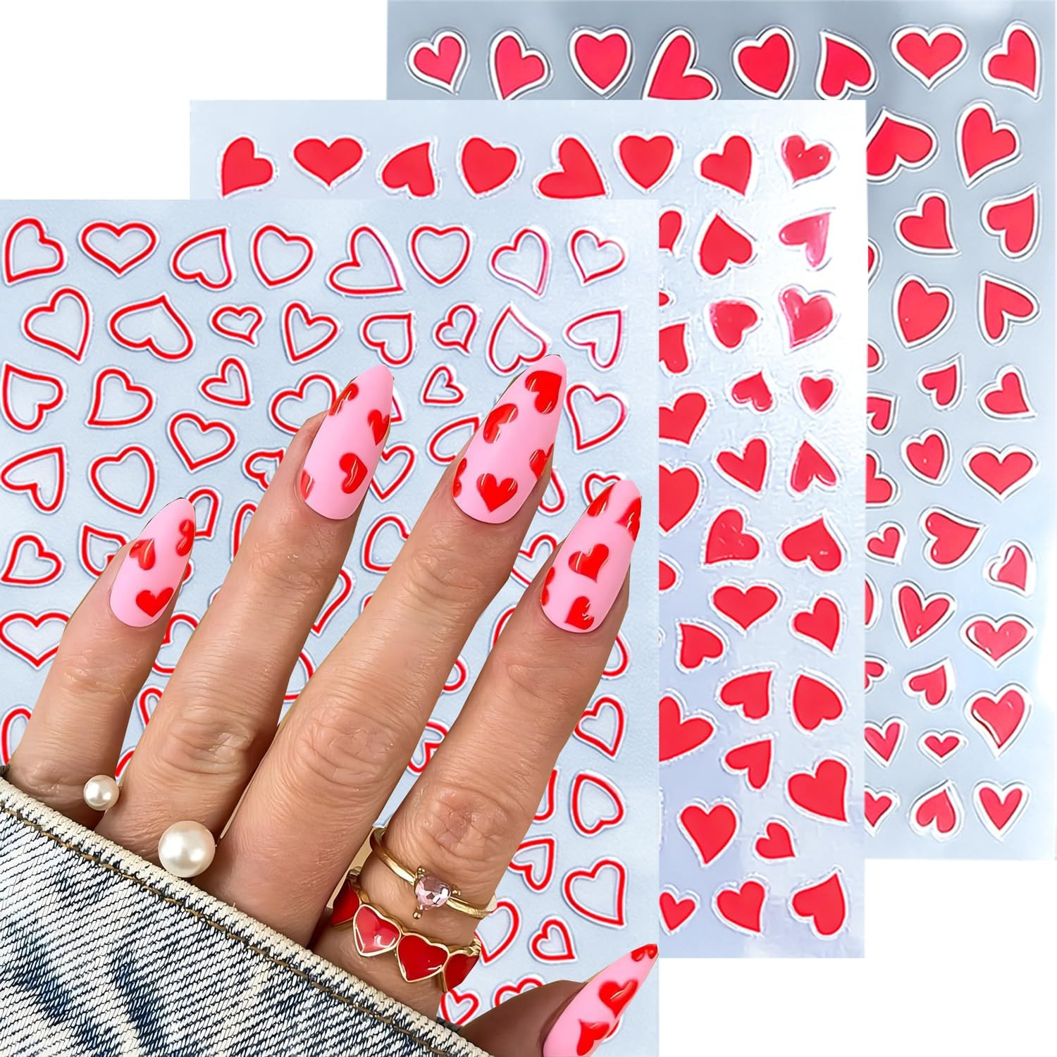 12 Pcs Valentines Day Nail Stickers, Red Pink White Black Gold Heart Stickers fo