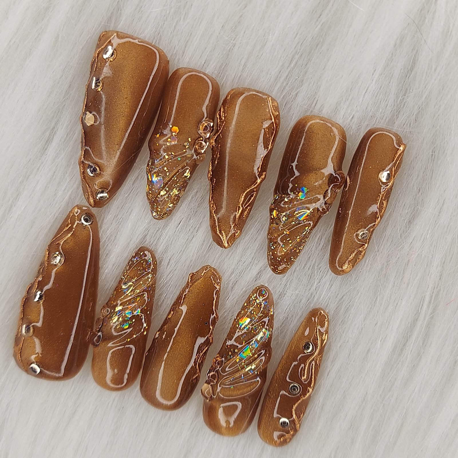 Brown Cat Eye Nails, Gold Chrome Nails
