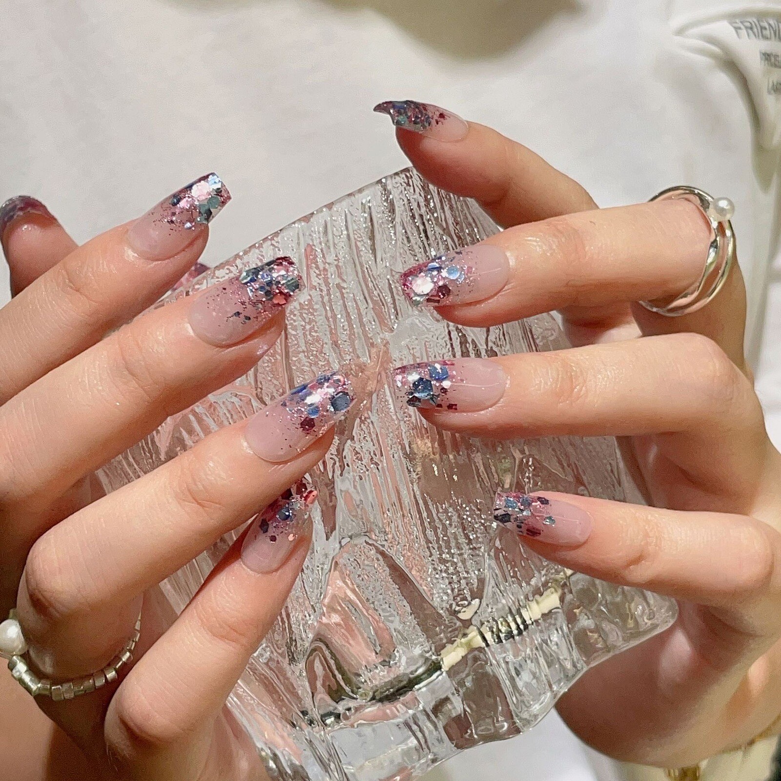 Press on nails Handmade Colored Glitter Confetti Purple medium coffin S M L