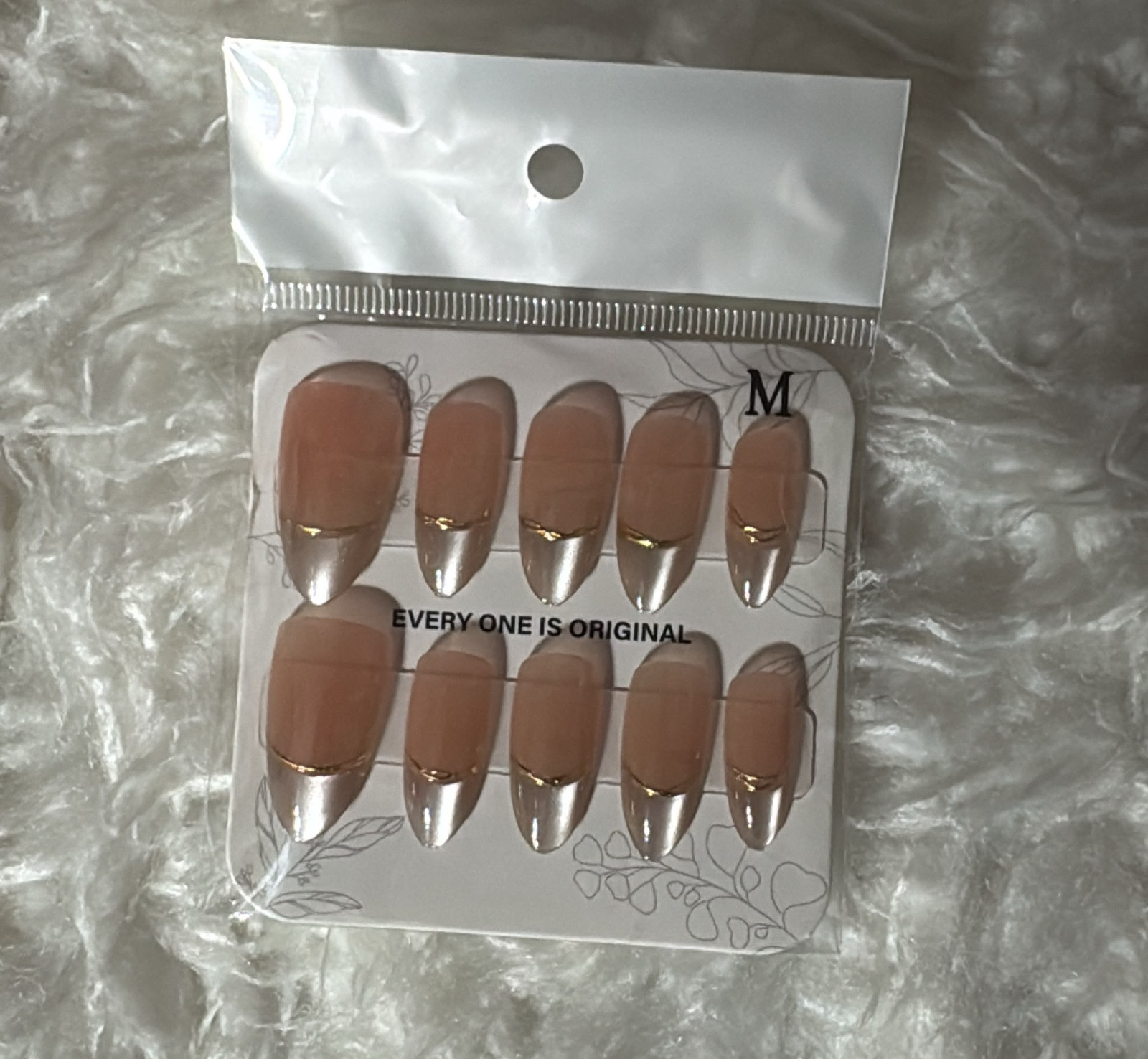 Almond Nude Gold French Tip Press On Nails with Gold Line Accent – Medium