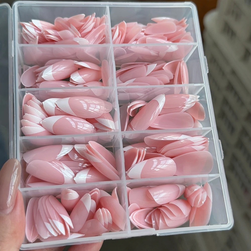 360/240/120pcs Light Pink Almond Press On Nails Glossy White French Fake Nail Si