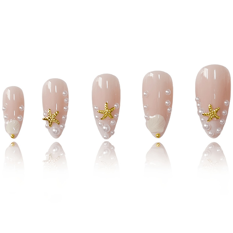 48Pcs-Medium Almond Nude White Gradient Seashell Starfish Pearl Press on Nails