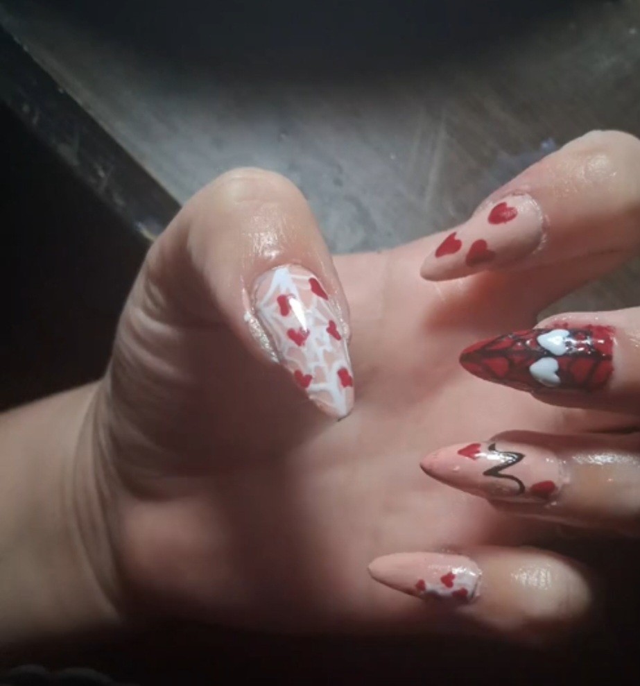 Heart 3D Long Stiletto Press-On Nails Full Cover Red White Nude Pre-Designed