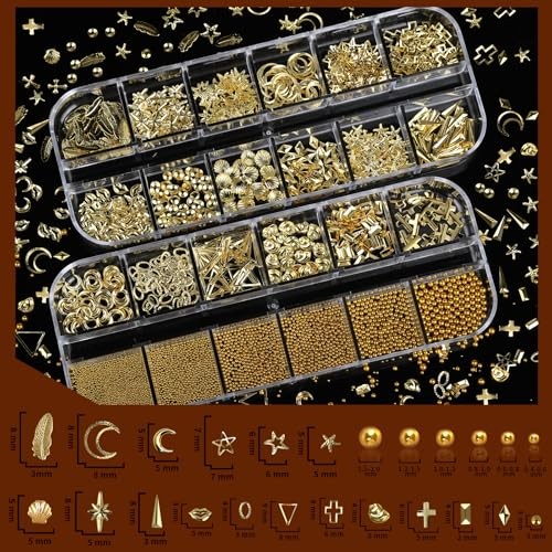 Nail Charms and Gems Set, 4 Boxes Nail Gems Nail Pearls Nail Art Tools, Gold