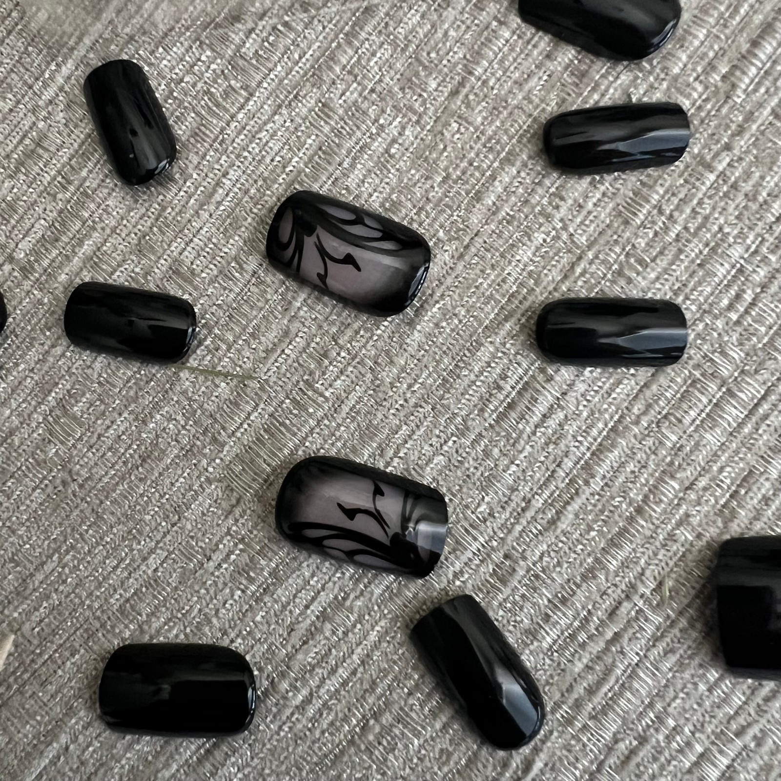 24 pcs Black Swirls on Nude w Rhinestones Medium Length Square Press on Nails