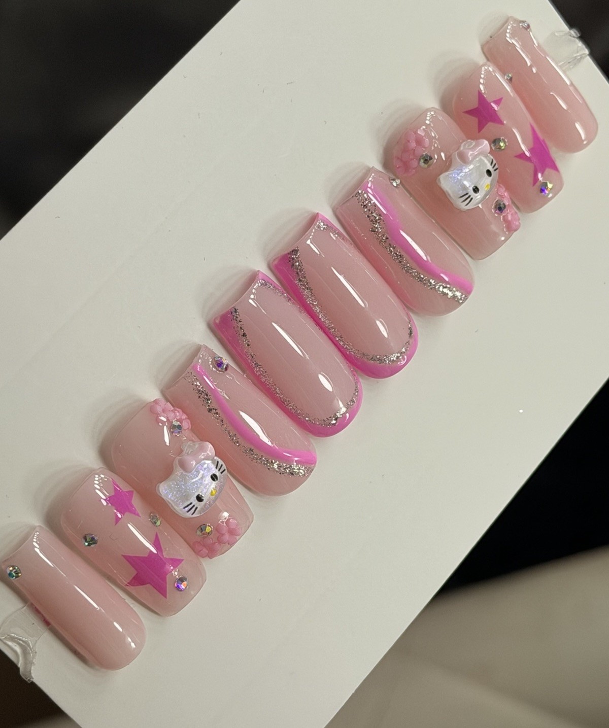 ✨ CUSTOM Press On Nails Nude PINK HELLO KITTY BLING 10p SET W Kit
