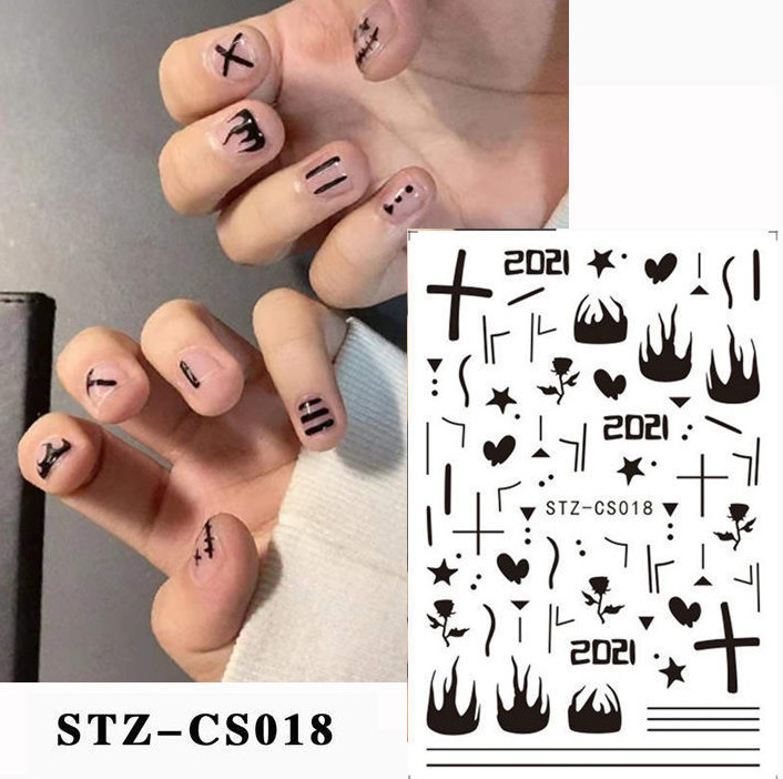 Halloween Women Abstract Lady Face Nail Decals Black Cross Fire bone Sticker NS7