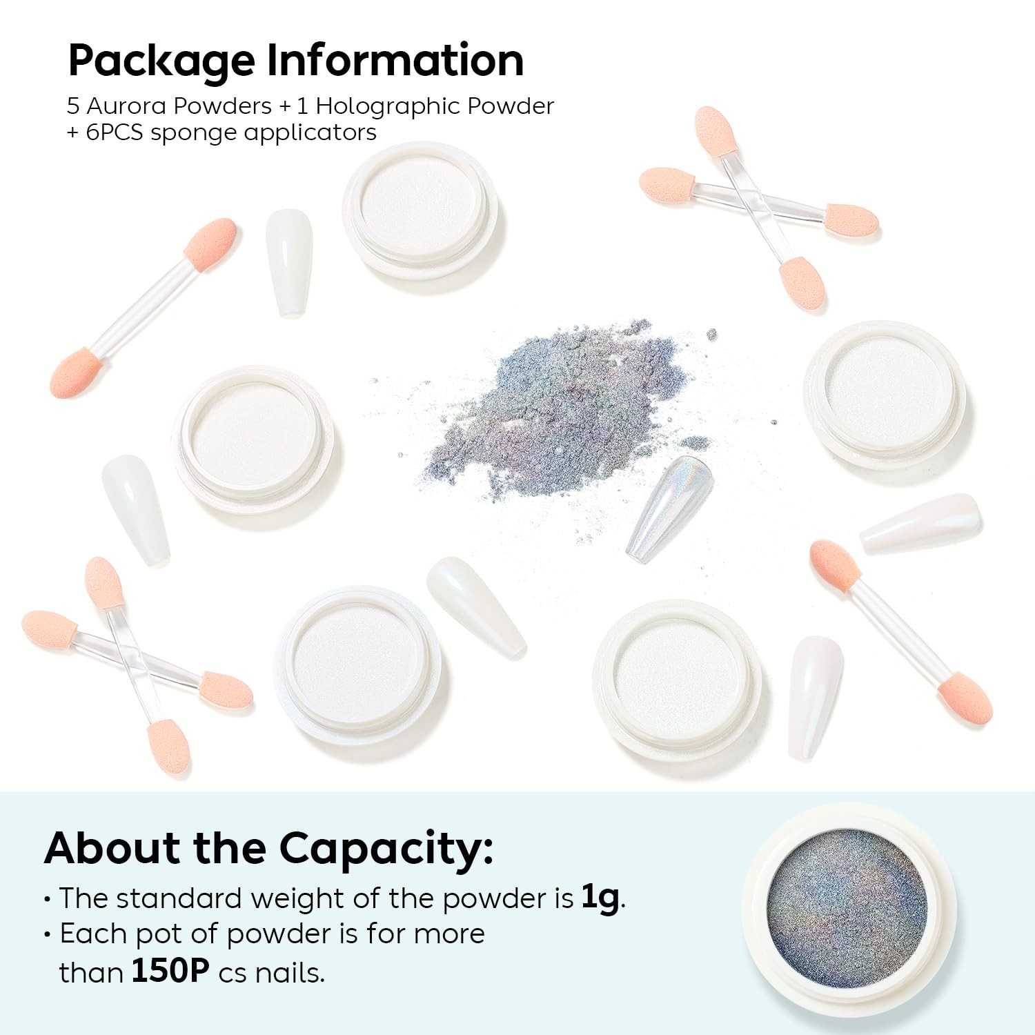 Aurora Nail Powder for Gel Nails, Cruelty Free, Vegan, 6 Jars Pearlescent Mer…
