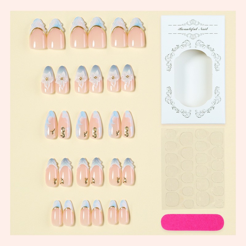 60Pcs-Nude Blue Ombre 3D Flower Press on Nails Almond Nail Set Reusable Handmade