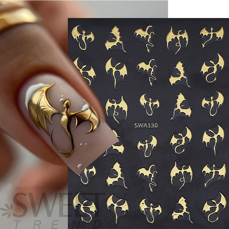 3pcs Metallic Flying Dragon Scales Nail Sticker Gold Silver Laser Devil Bat NH30
