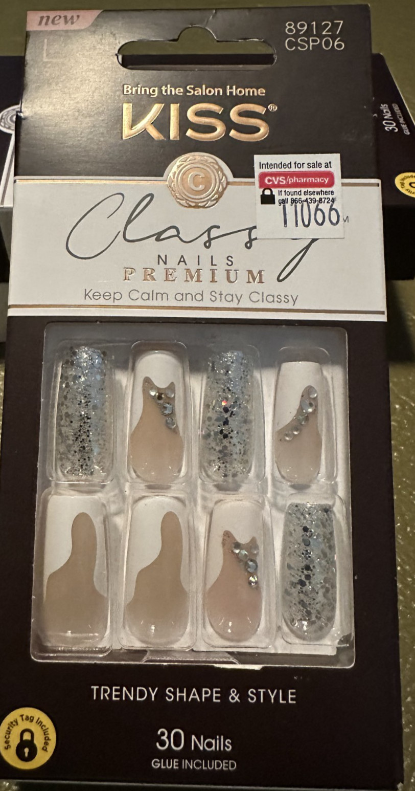 Kiss Nails Manicure Long White French Silver 3D Jewel Premium Glitter Square