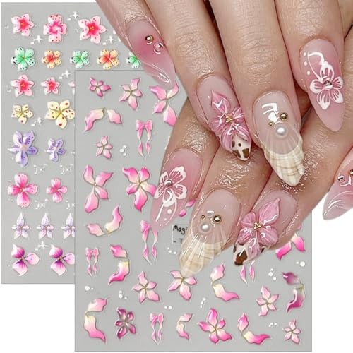 2Pcs Flower Nail Stickers 5D Embossed Lily Spring Flower Nail Stickers Style 3