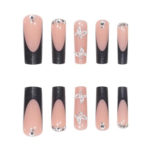 Press On Nails – Square Nude Fake Nails, Extra Long Luxurious 07-Black French
