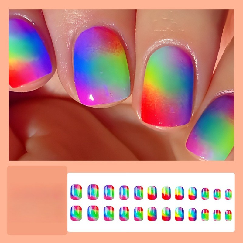 48pcs-Short Square Fake Nails, Bright Rainbow Ombre for Summer & Pride Events