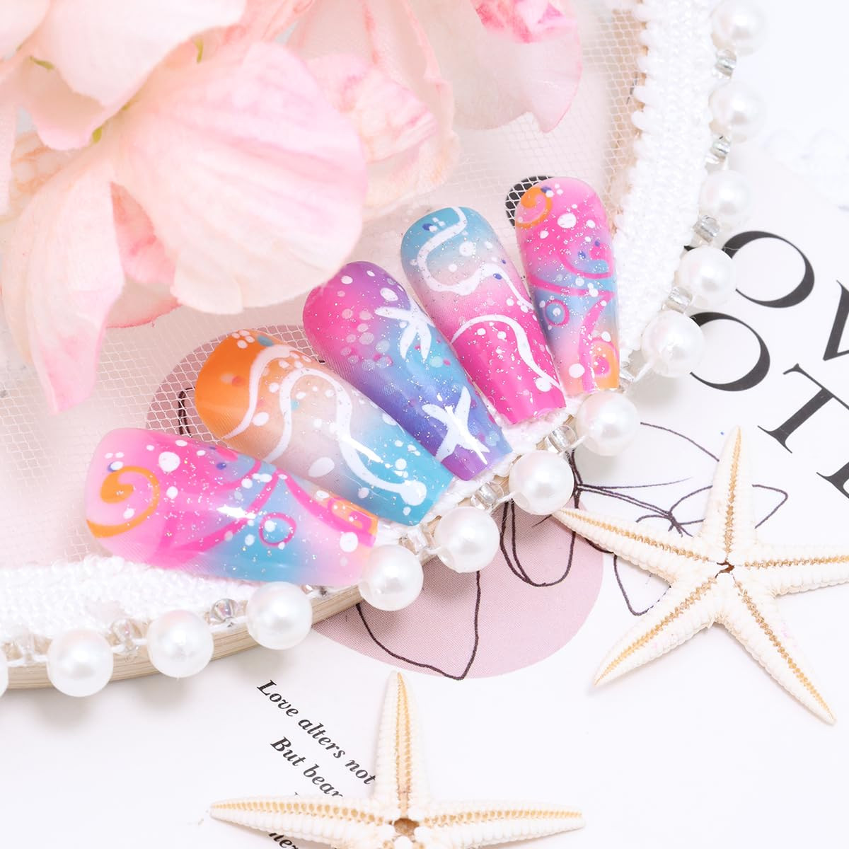 Summer Press on Nails Medium Coffin Fake Nails Summer Ocean False Nail with Star