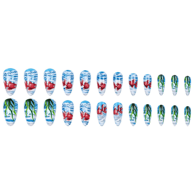 48 Pcs Blue Goldfish Press on Nails, Medium Almond 3D Aquatic Glossy Fake Nails
