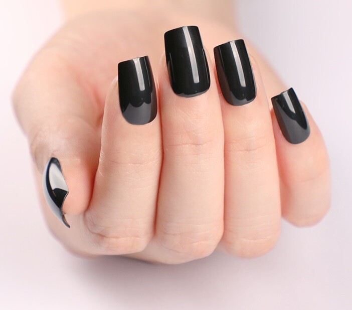 Handmade Press On Nails – Glossy Square Nails, Black White Red Blue Fake Nails