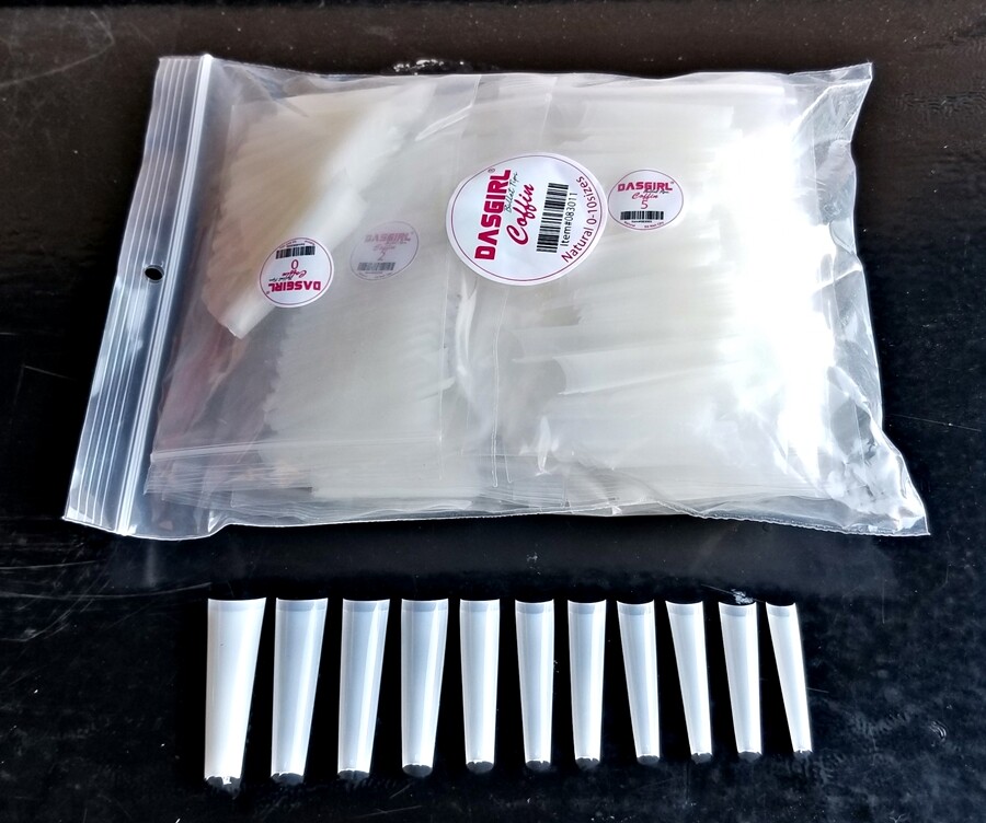 DASGIRL COFFIN Nail Tips X-Long, 550 Pcs, Size 0 to 11 Natural or Clear