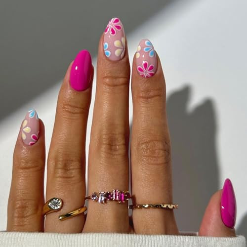 Flower MIXFOSAHN Press on Nails Short Almond Fake Nails Pink Flower Style10