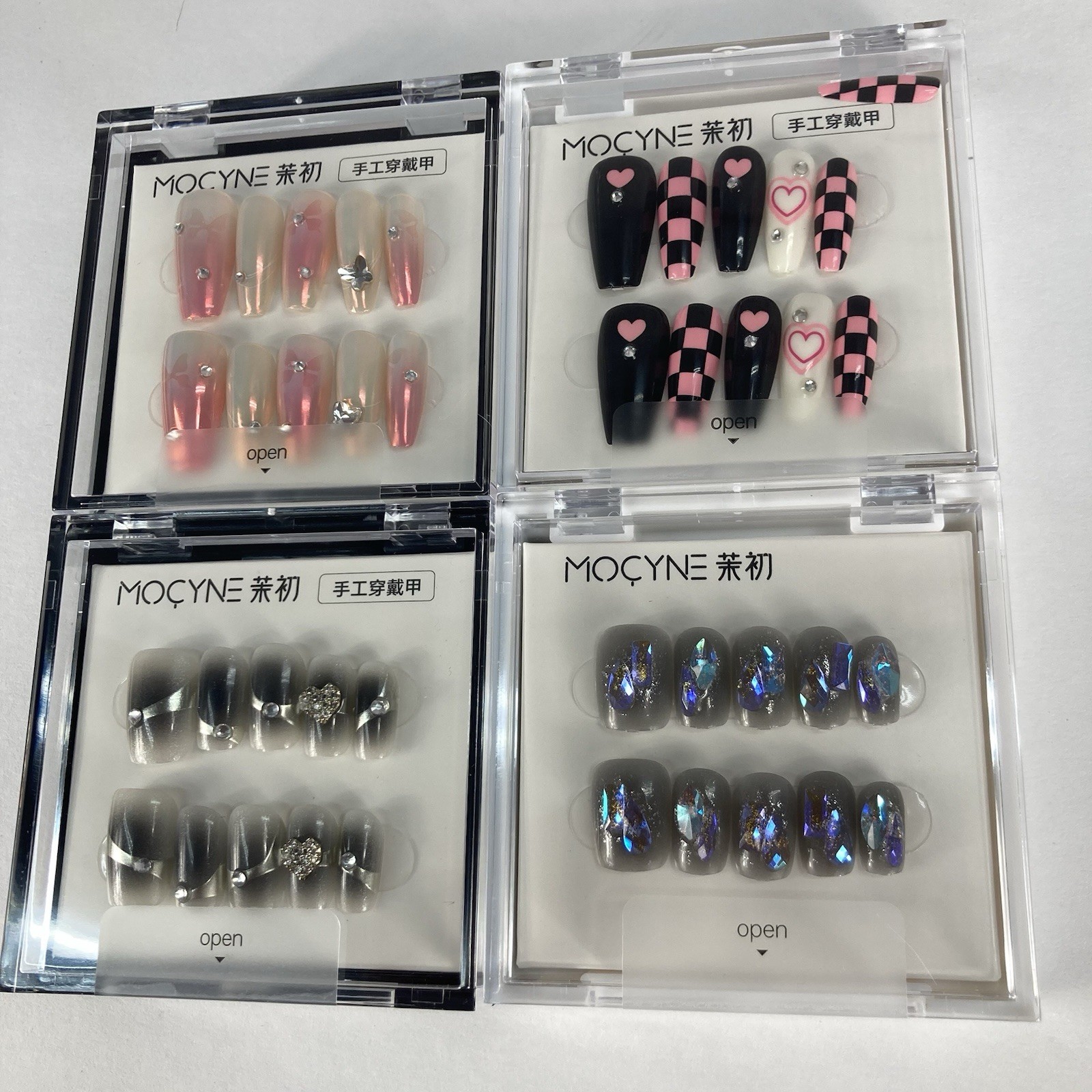 Press On Nails Bundle Set of 4 Pink Black Gray Blue Glossy Art Press Ons Jeweled