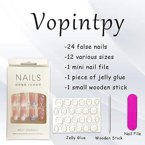 Blue Heart Press on Nails Medium Square Fake Nails Glossy Glitter French Tip