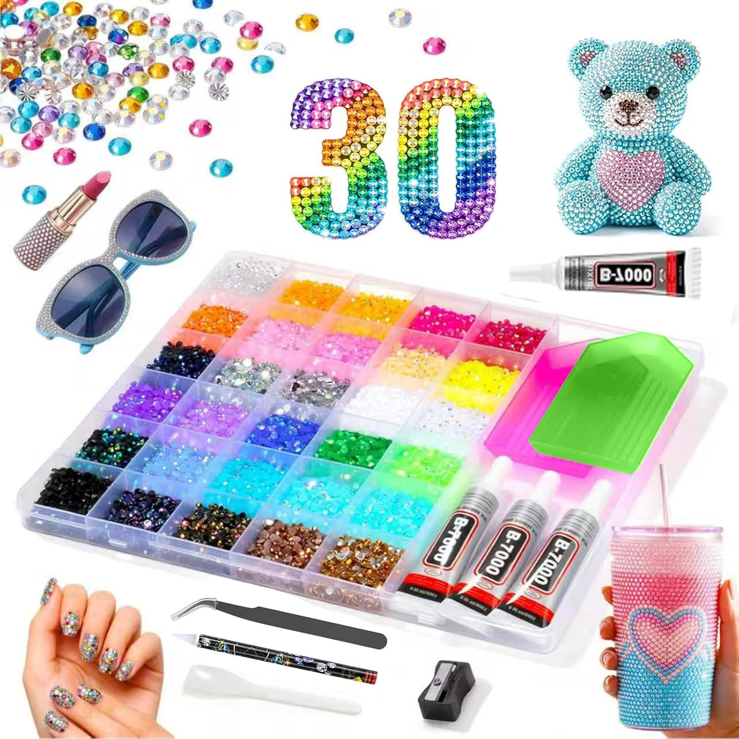 Bling Kit for Crafts, 30 Colors 3Mm Flat Back Rhinestones with 4 B7000 Glue, Bed