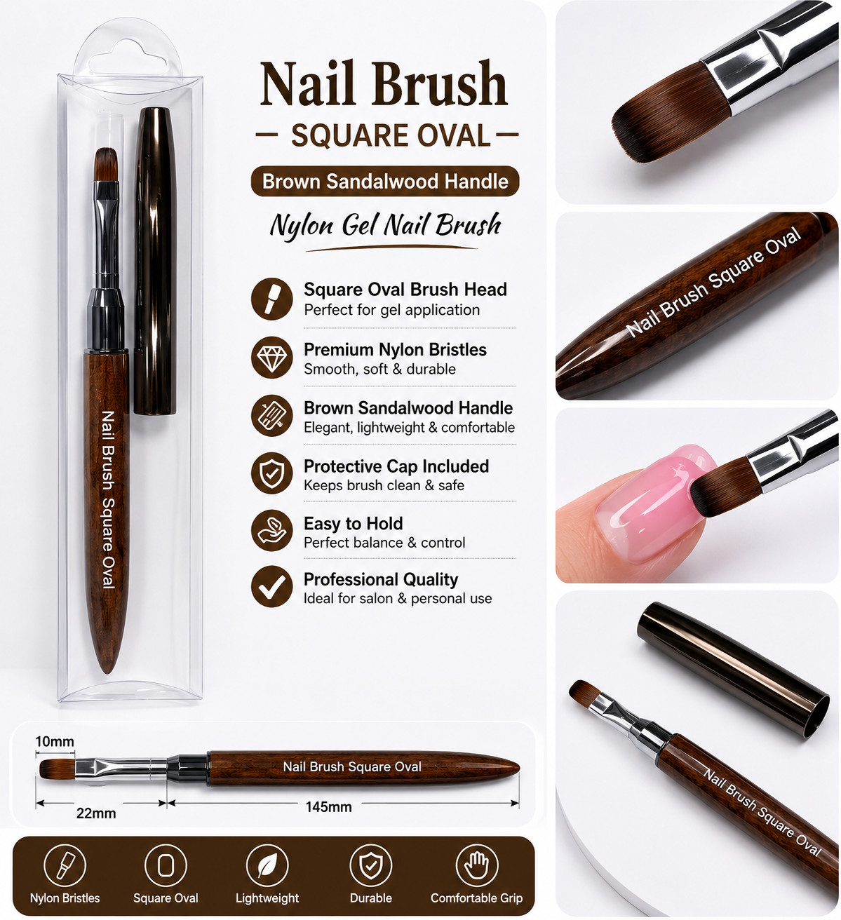 Nylon Gel Nail Brush Square Oval #6 80009 Brown Sandalwood Handle