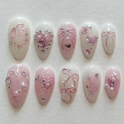 Pink Press on Nails Short Almond Fake Nails 3D Heart Pearl Bow Fake Nails-1
