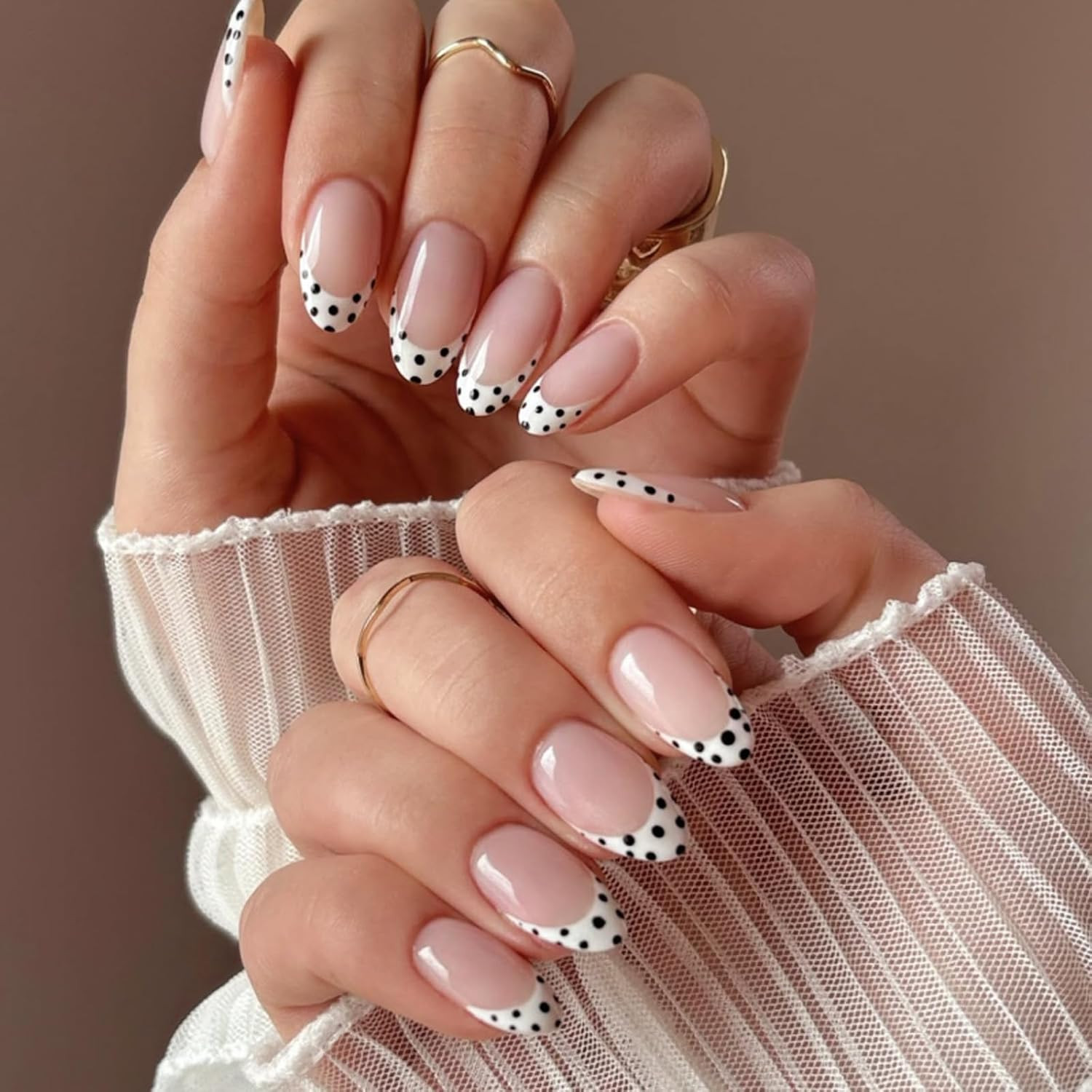 Press on Nails Almond Medium – Nude Pink French Tips with Black & White Polka Do
