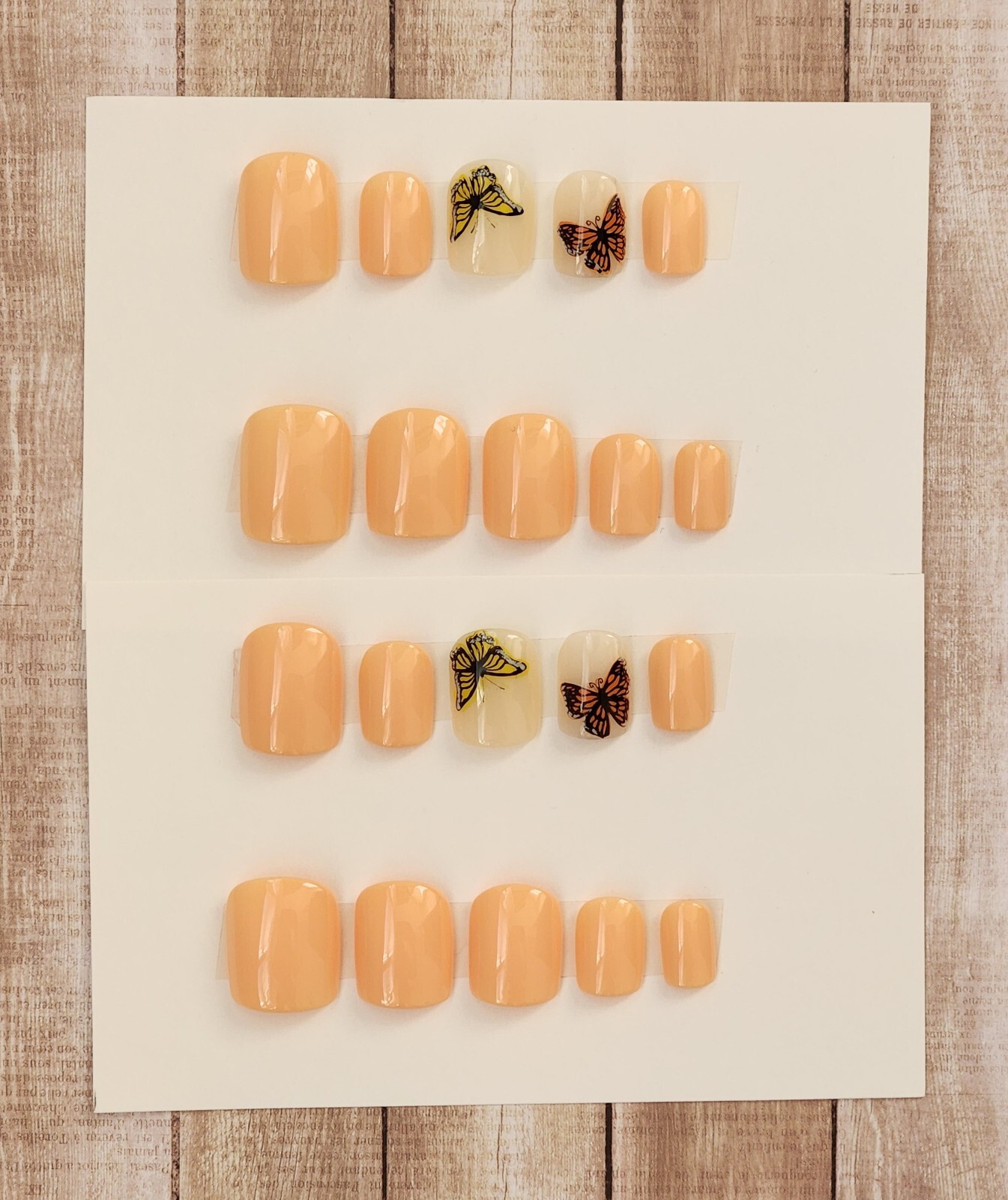 Custom Press On Handmade Gel Nails Peach Butterfly Accent Square Short 20 Tips