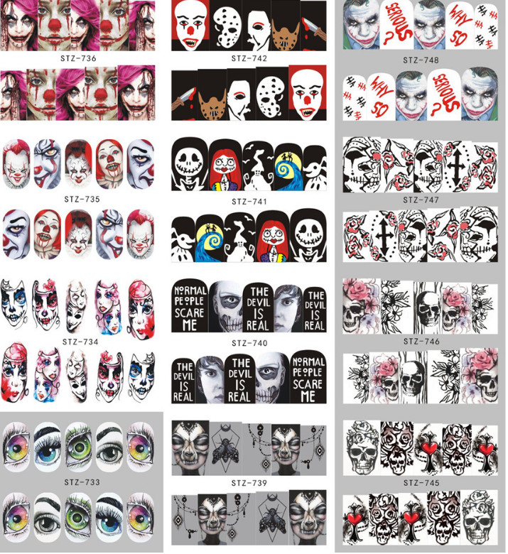 Nail Art Stickers Halloween Watermark Skull Evil Eye Decals Manicure Tattoo NS37
