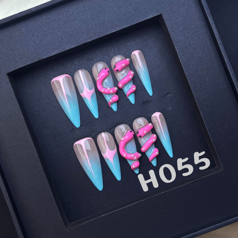 Pink Snake Handmade Press on Nails Blue Ombre Cool Trendy Edgy Fake Nails
