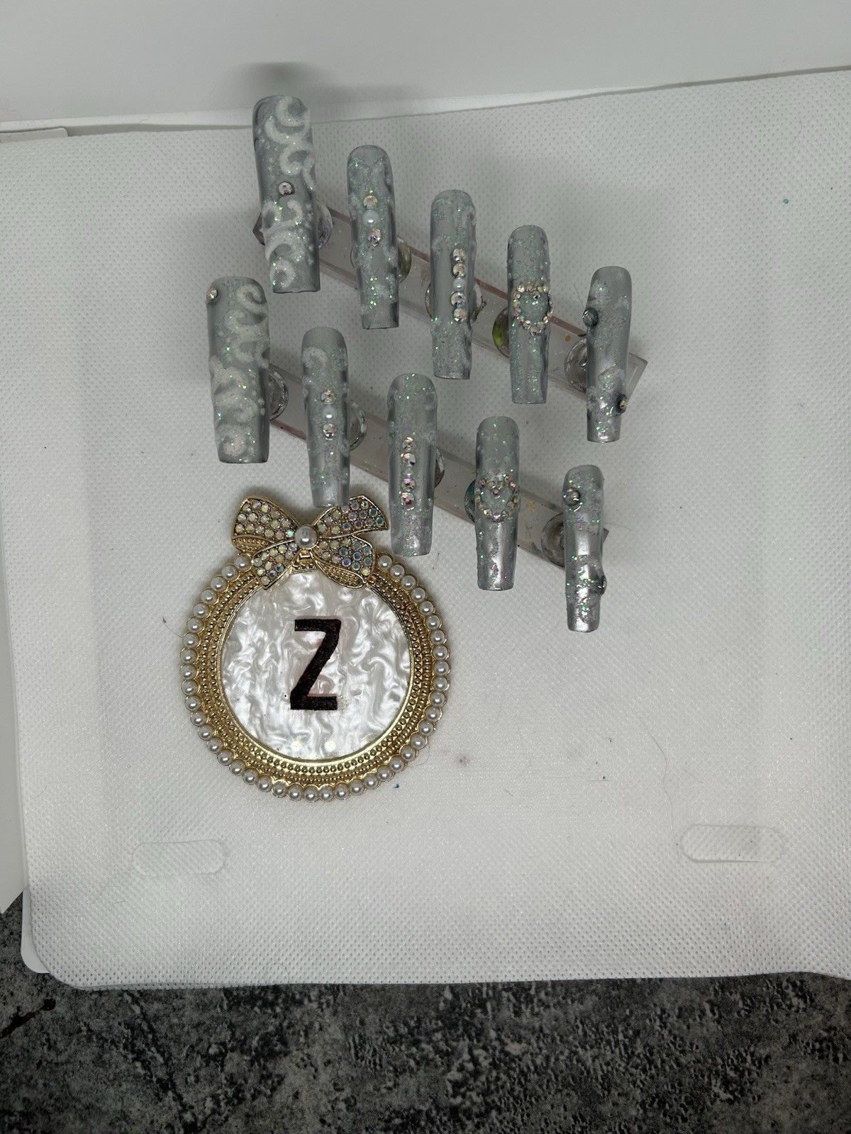 Z. NAILZ! Handmade XXL Square Silver Bling Wedding Or Anniversary Press On Nails