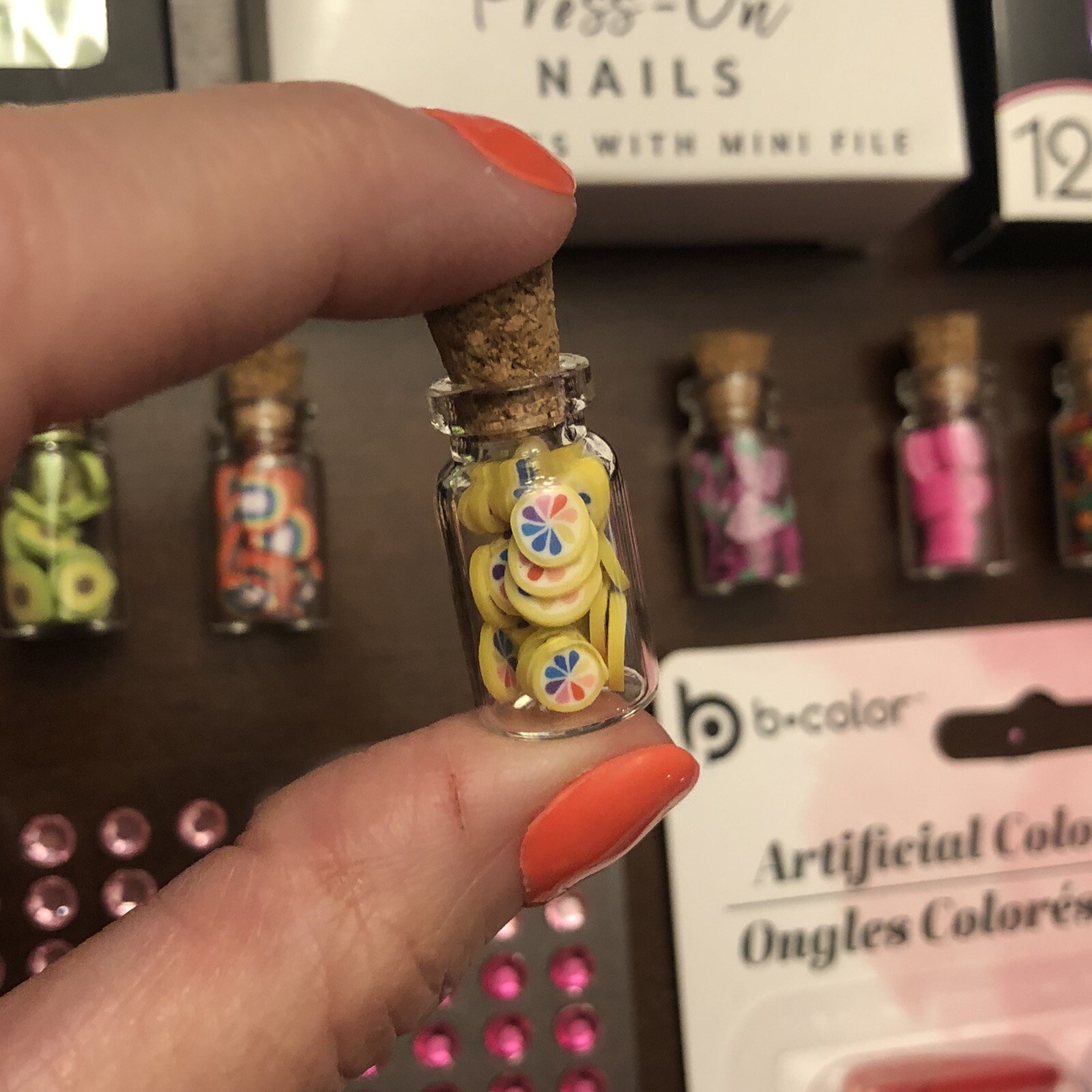 NAIL ART LOT 4X PRESS ON NAILS Adhesive Gems Food Miniatures Acrylic Jewels Jars