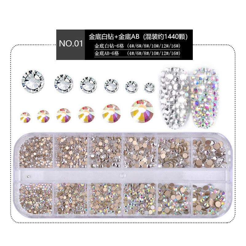 1440pcs Flat Back Nail Art Rhinestones Glitter Diamond 3D Tip Manicure Decor