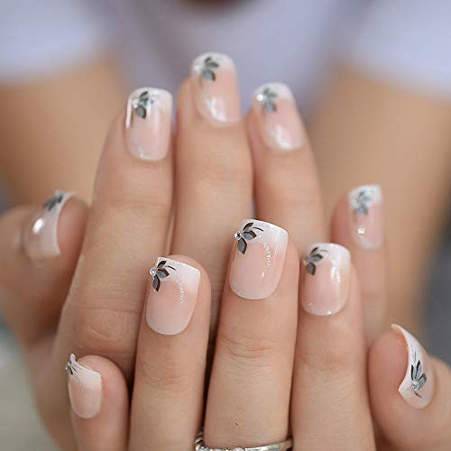 Press on Nails – Shiny Short Flower Glitter Deco Ombre False Nails | UV L5431