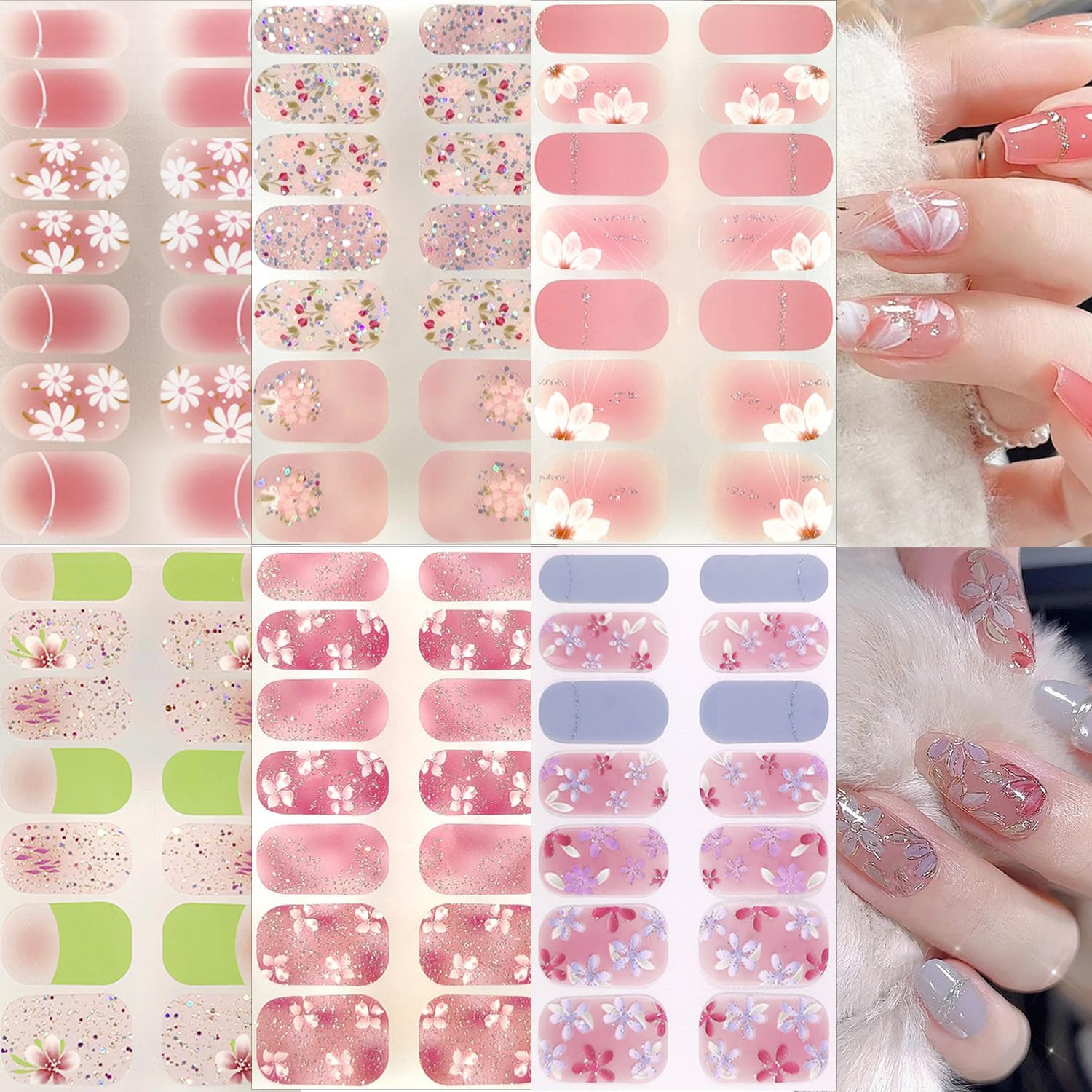 8 Sheets Summer Flower Nail Art Stickers Self-Adhesive Floral Nail Decals with R
