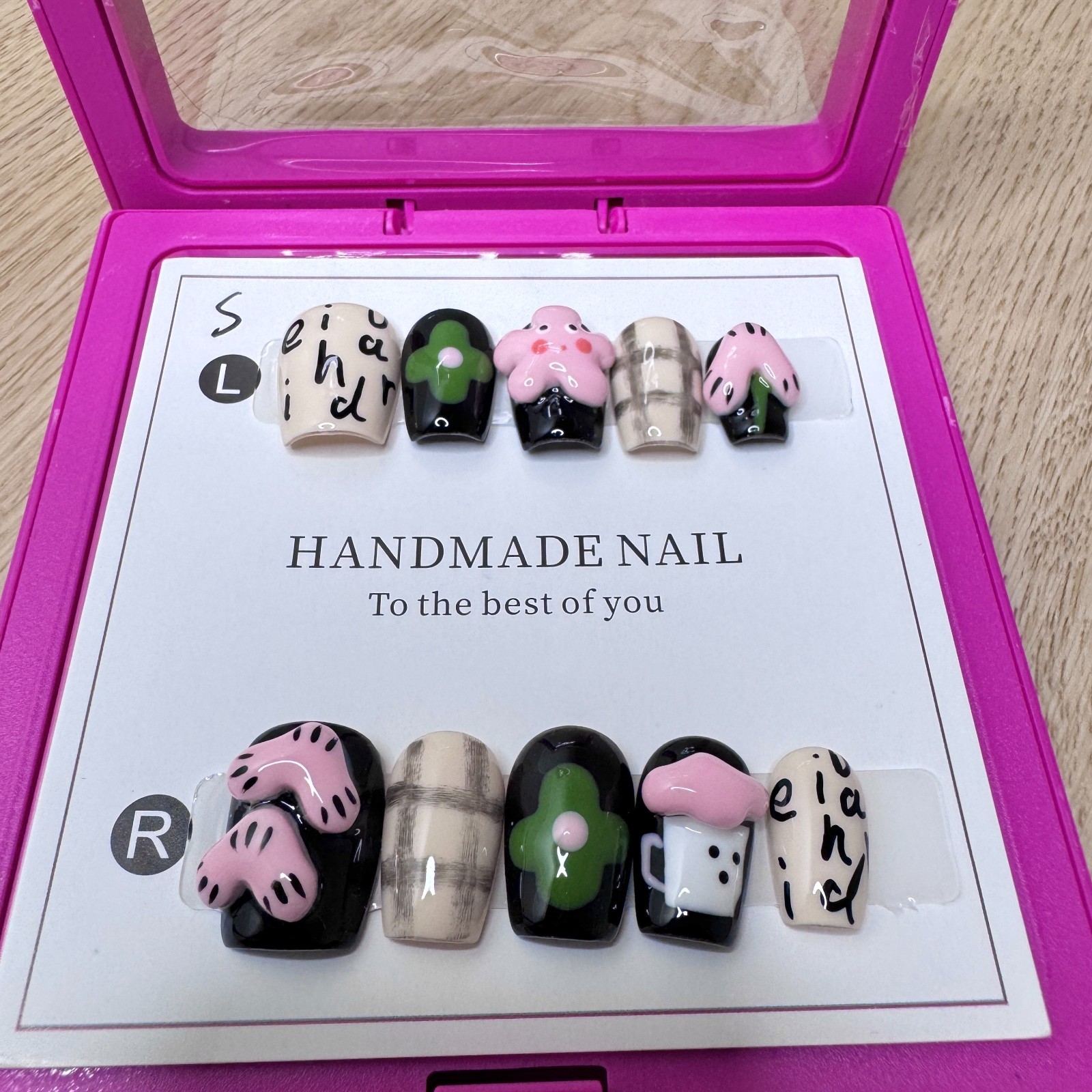 Handmade Hard Gel Press on Nail Art Kit Sz M Labubu Sanrio Charm Treat