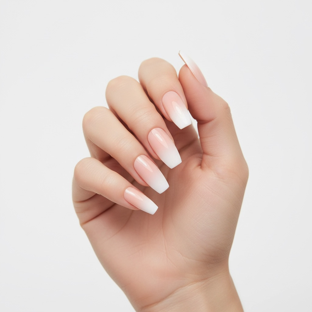Natural Nude Pink Ombre White French Glossy Coffin Long Press On False Nails Set