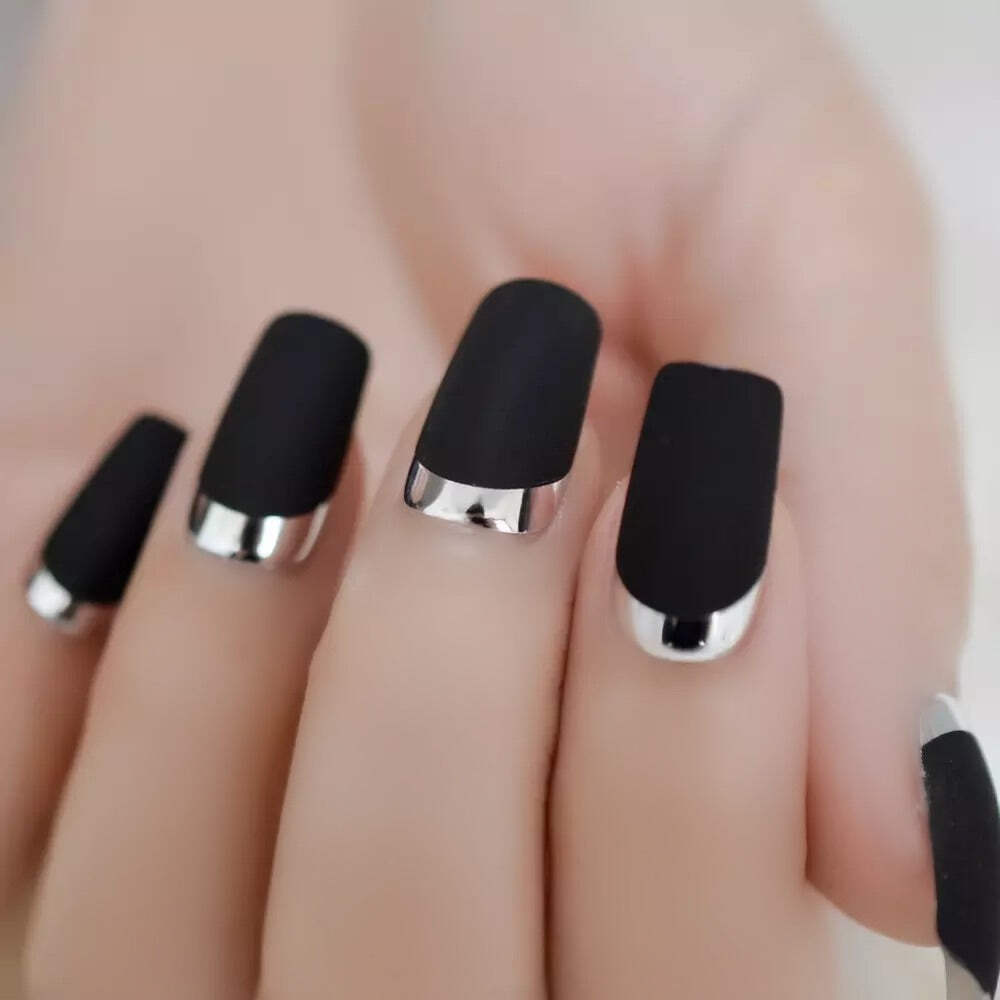 Matte Black Chrome French Press On Nails Long Square False Tips Fake Nails